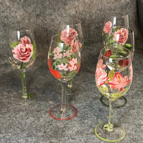 Wine Glasses Hand Blown Hand Painted Set of 6 - Picture 3 of 7